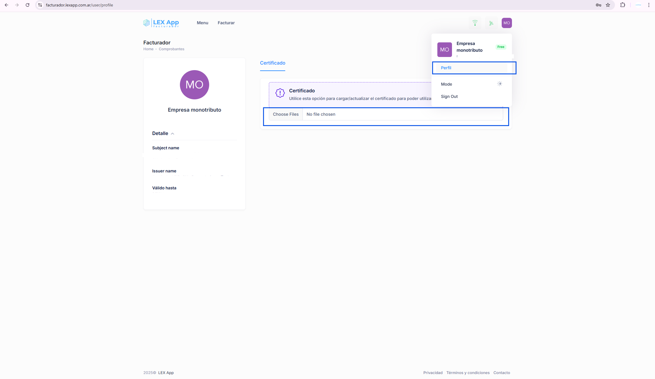Opción Perfil en LEX App Facturador